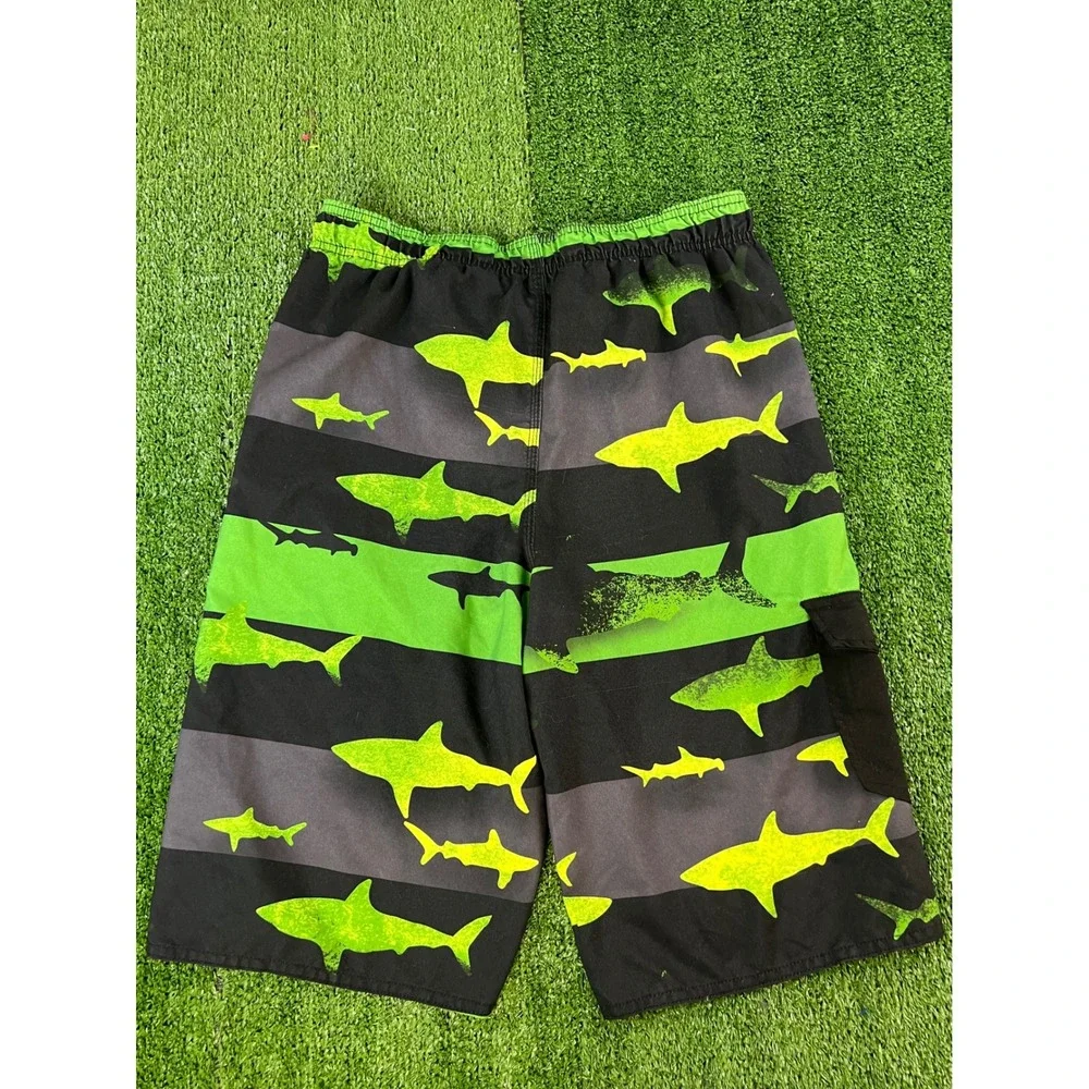 Hang Ten Mens‎ XL 32W Shark Print Board Shorts Black Neon Green Striped Swim